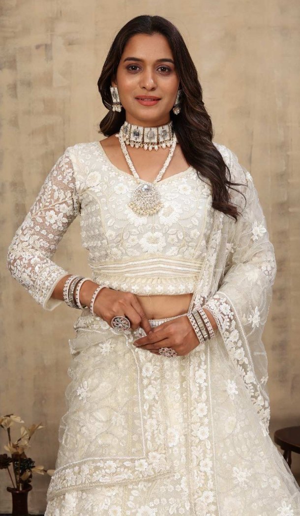 Embroidery White Net Party Lehenga Choli - 12243206644
