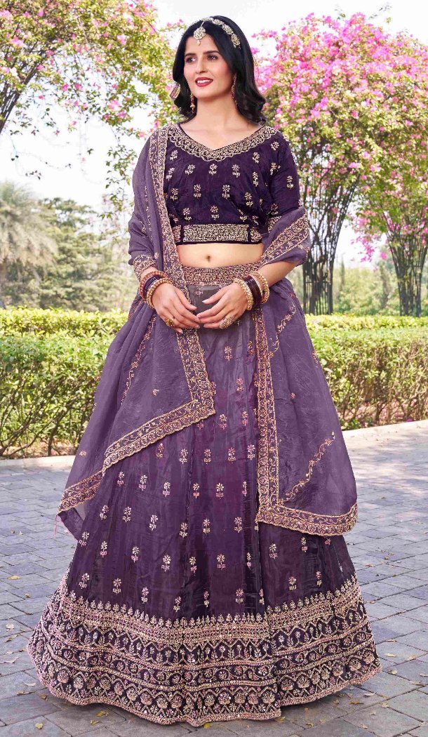 Women Gold Crush Silk Embroidery Work Party Lehenga Choli Wine - 12267206761
