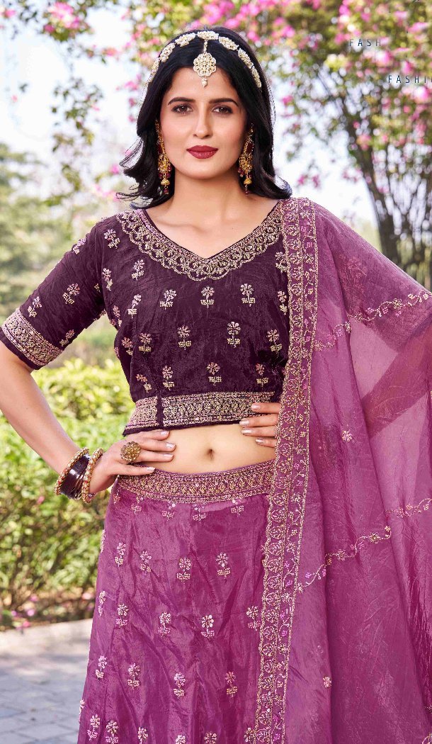 Women Party Lehenga Choli WIne Embroidery Work Gold Crush Silk - 12267206764