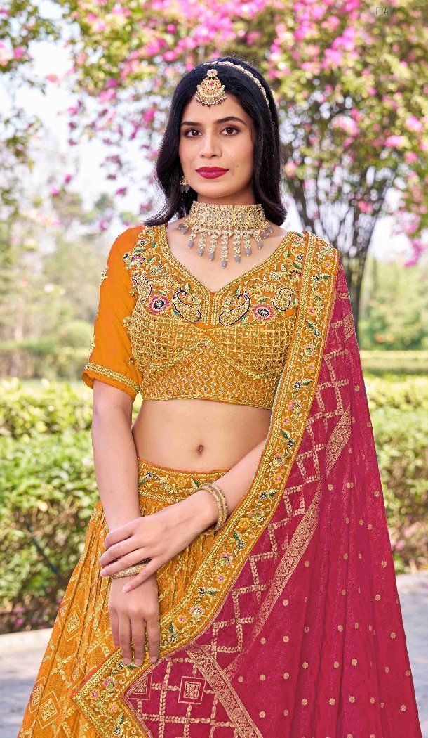 Women Party Lehenga Choli Banarasi Silk Zarkan Mustard - 12268206766