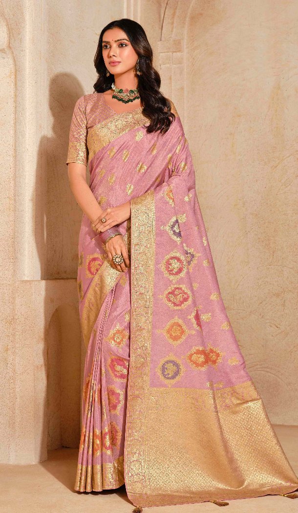 Women Pink Zari Saree Silk - 12286206893