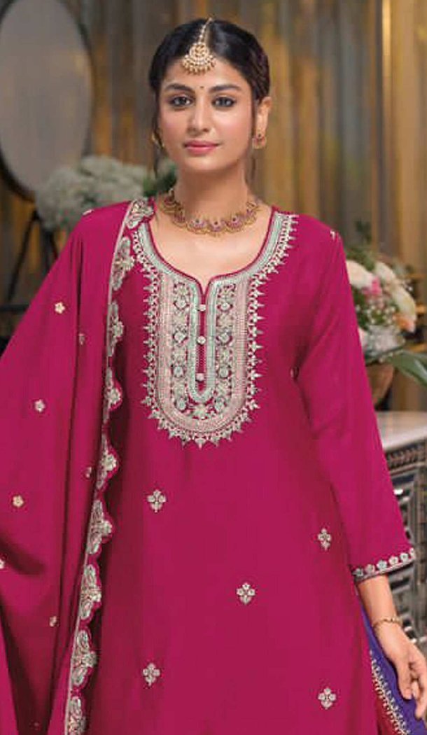 Women Party Wear Salwar Suit Prettified with Embroidery work Chinon Pink - 12297206958