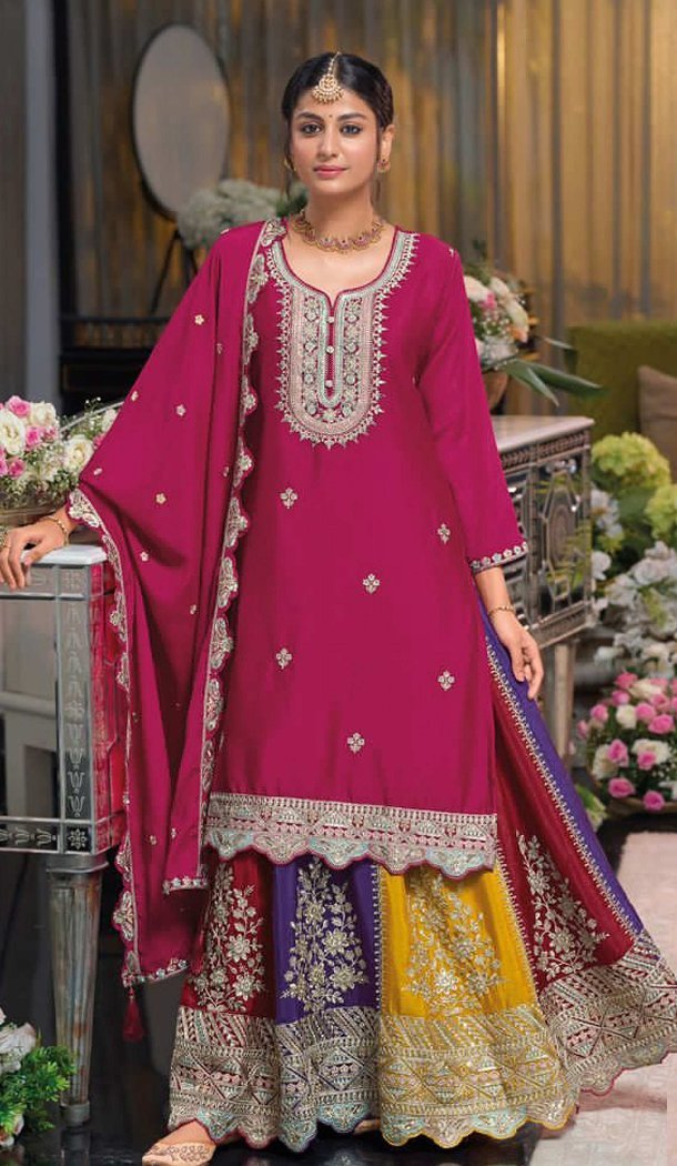 Women Party Wear Salwar Suit Prettified with Embroidery work Chinon Pink - 12297206958