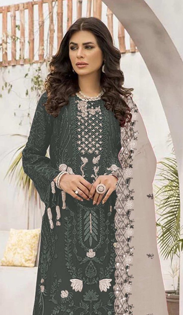 Women Dark Grey Embroidery Work Faux Georgette Party Wear Salwar Suit - 12366207299