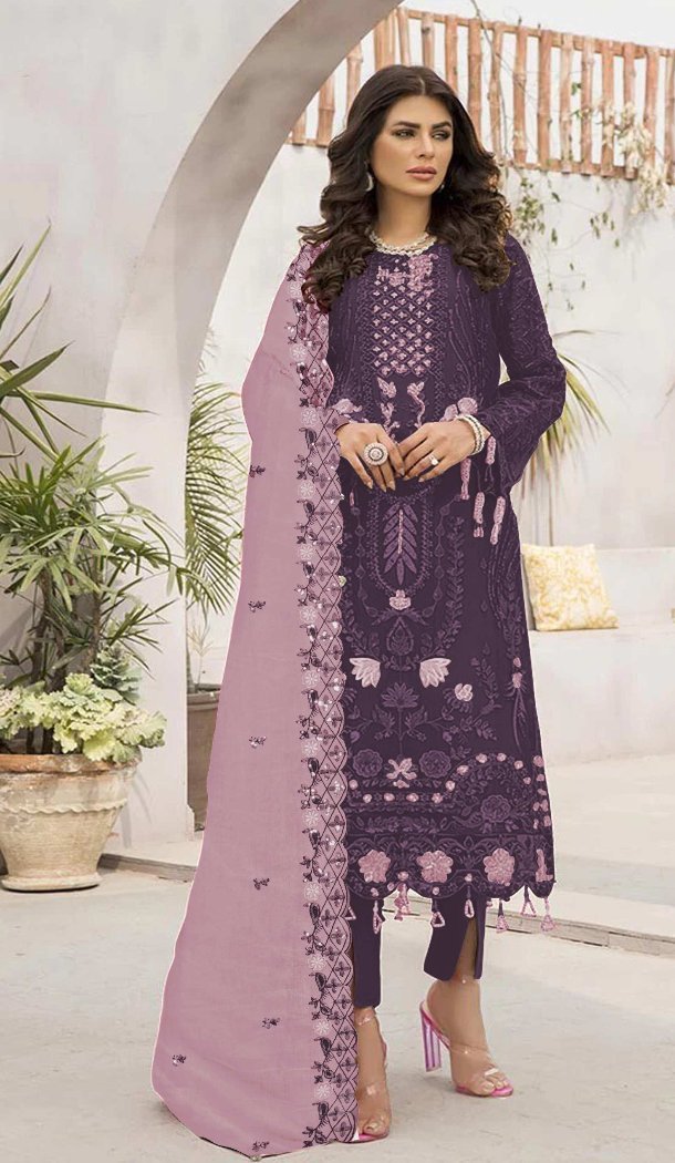 Women Embroidery Work Faux Georgette Purple Party Wear Salwar Suit - 12366207300