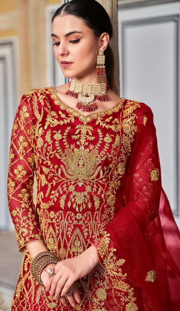 Women Red Anarkali Suit Heavy Coding  Work Pure Butterfly Net - 12438207669