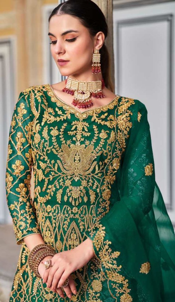 Women Pure Butterfly Net Green Anarkali Suit Heavy Coding  Work - 12438207670