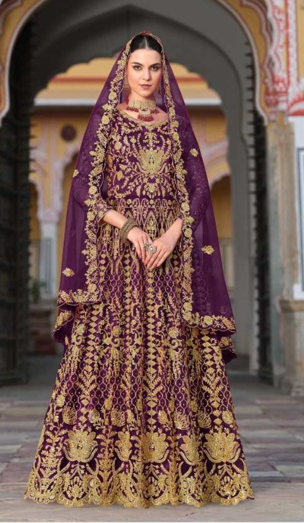 Women Pure Butterfly Net Purple Anarkali Suit Heavy Coding  Work - 12438207671