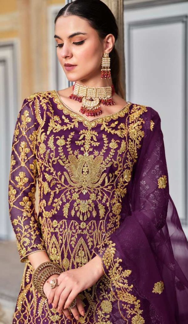 Women Pure Butterfly Net Purple Anarkali Suit Heavy Coding  Work - 12438207671