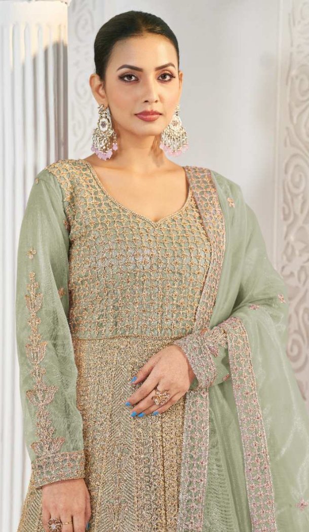 Women Anarkali Suit Pista Pure Butterfly Twill Net Heavy Full Of Stone Work - 12439207672