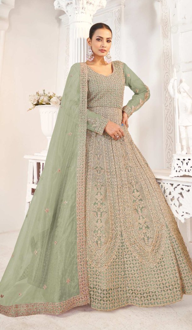 Women Anarkali Suit Pista Pure Butterfly Twill Net Heavy Full Of Stone Work - 12439207672