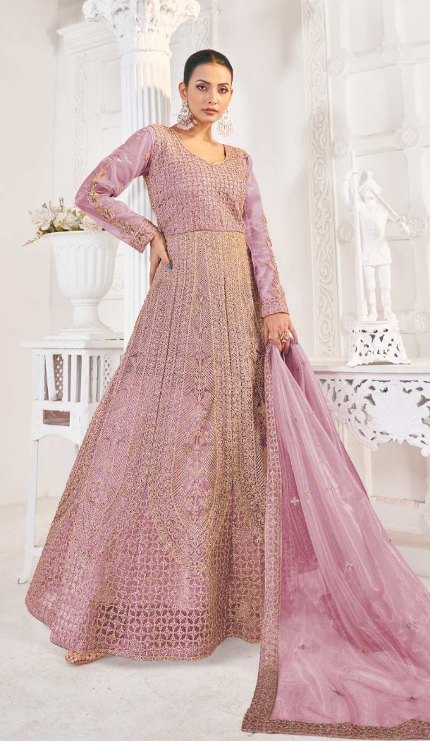 Women Light Pink Heavy Full Of Stone Work Anarkali Suit Pure Butterfly Twill Net - 12439207673