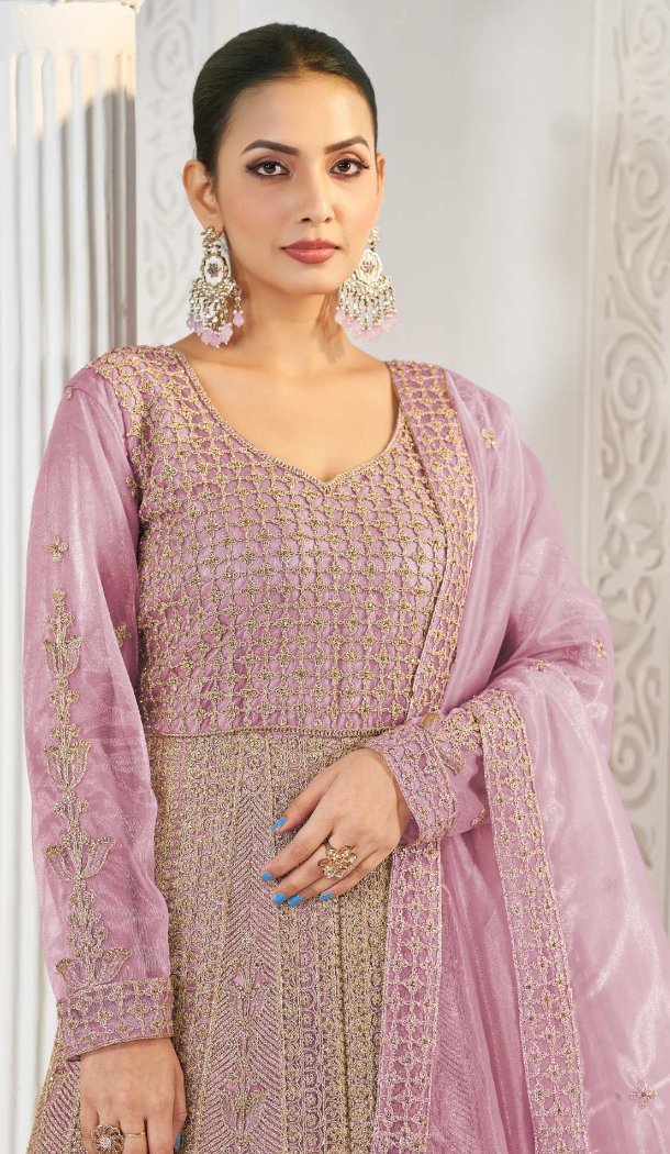 Women Light Pink Heavy Full Of Stone Work Anarkali Suit Pure Butterfly Twill Net - 12439207673