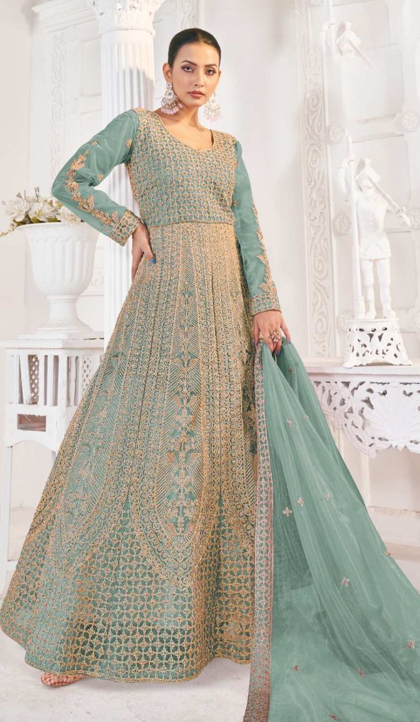Women Anarkali Suit Pure Butterfly Twill Net Heavy Full Of Stone Work Blue - 12439207674