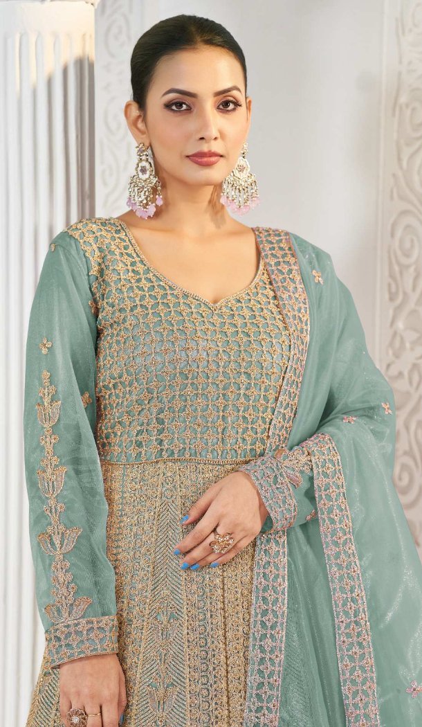 Women Anarkali Suit Pure Butterfly Twill Net Heavy Full Of Stone Work Blue - 12439207674
