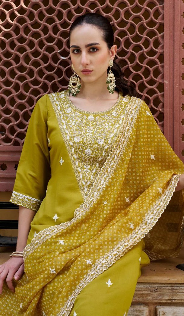 Women Yellow Embroidery Silk Blend Party Wear Salwar Suit - 12486207902