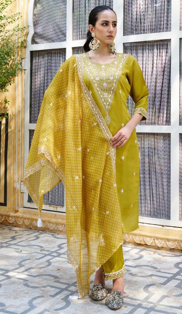Women Yellow Embroidery Silk Blend Party Wear Salwar Suit - 12486207902