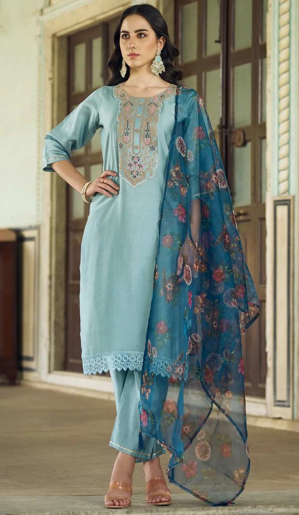 Women Embroidery Party Wear Salwar Suit Sky Blue Viscose Rayon - 12486207903