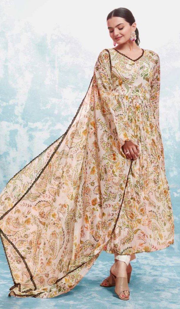 Women Digital Printed Work Cream Chiffon Party Wear Salwar Suit - 12490207917