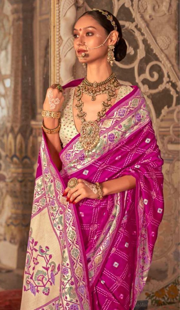 Women Pink Purple Saree Silk Embroidery - 12522208087