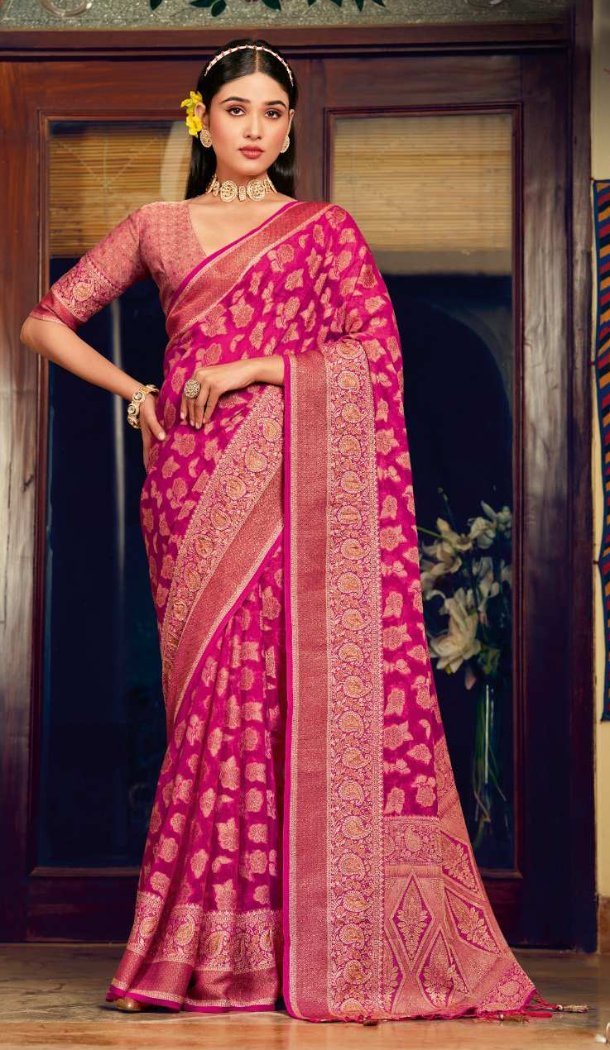 Women Georgette Saree Pink Jacquard Work - 12523208090