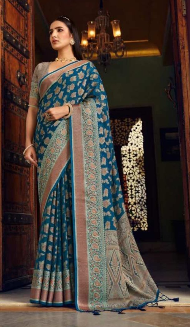 Women Saree Teal Jacquard Work Georgette - 12523208095