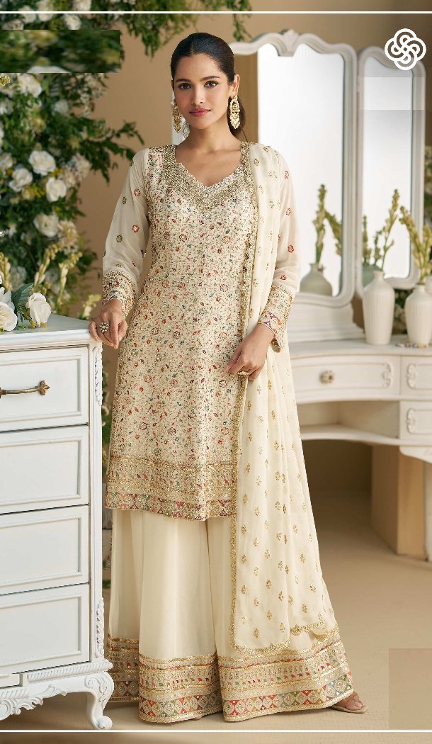 Women Cream Faux Georgette Party Wear Salwar Suit Embroidery Work - 12601208473