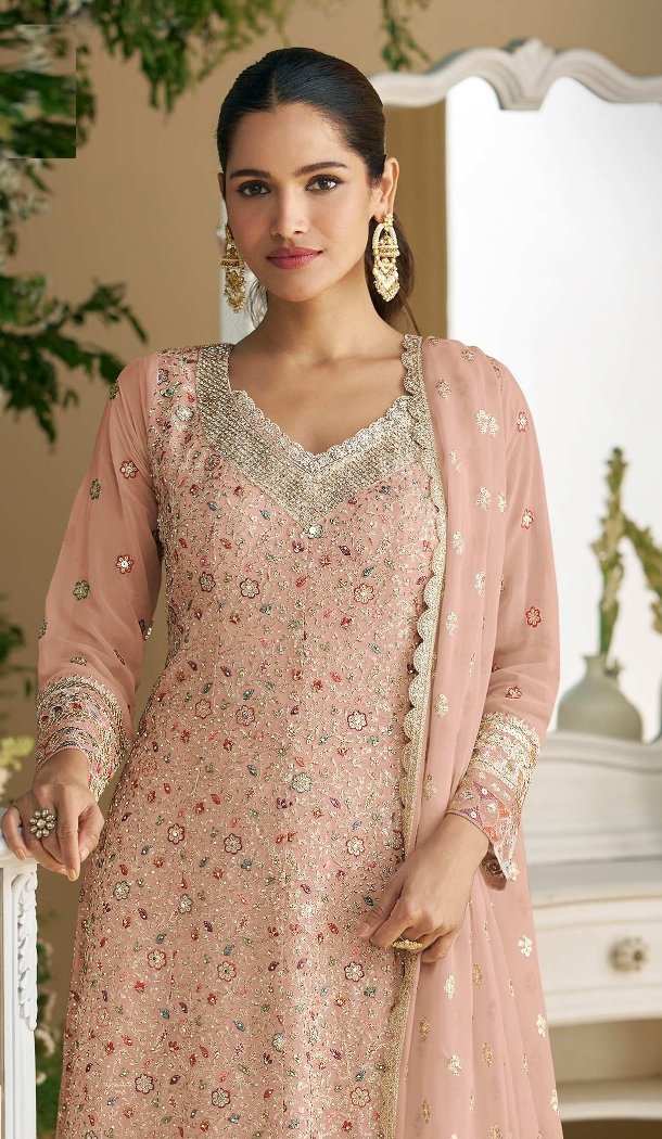 Women Faux Georgette Party Wear Salwar Suit Embroidery Work Peach - 12601208474
