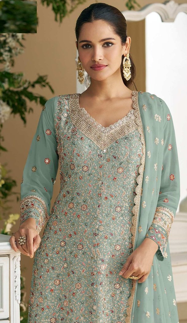 Women Party Wear Salwar Suit Faux Georgette Sky Blue Embroidery Work - 12601208475
