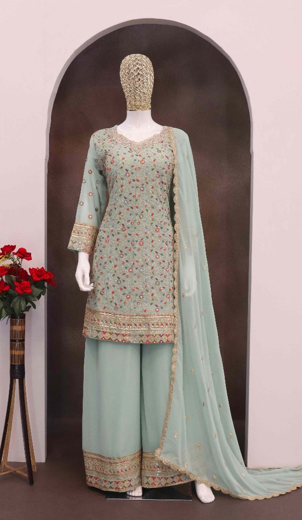 Women Party Wear Salwar Suit Faux Georgette Sky Blue Embroidery Work Plus Size