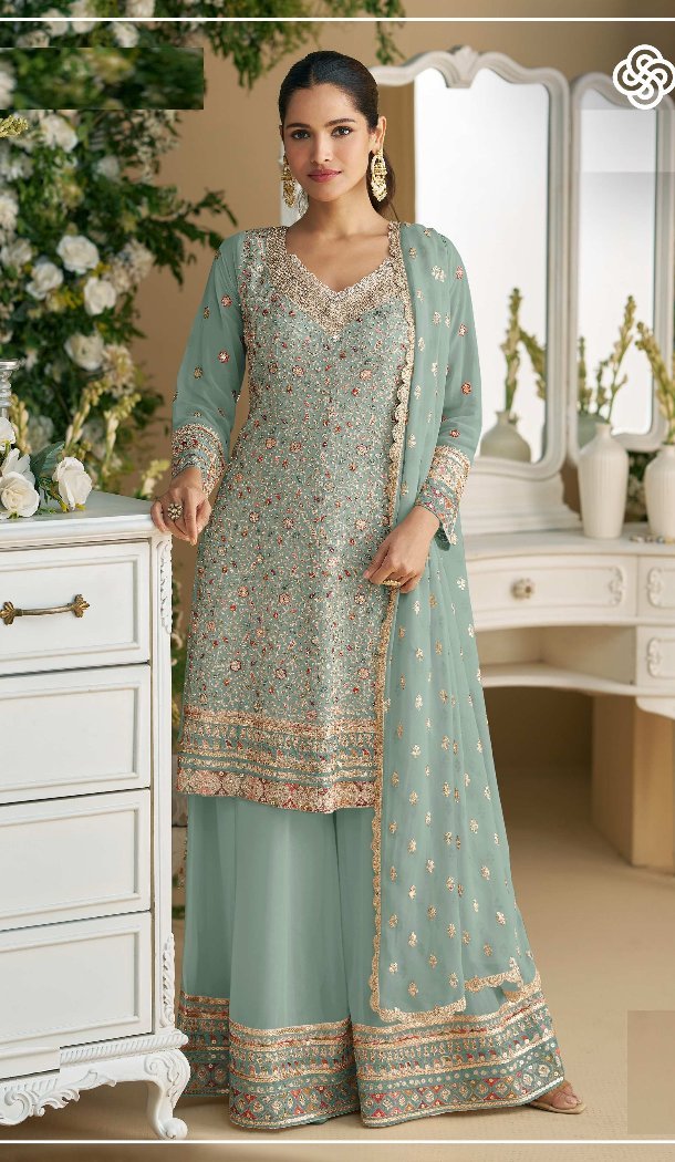 Women Party Wear Salwar Suit Faux Georgette Sky Blue Embroidery Work - 12601208475