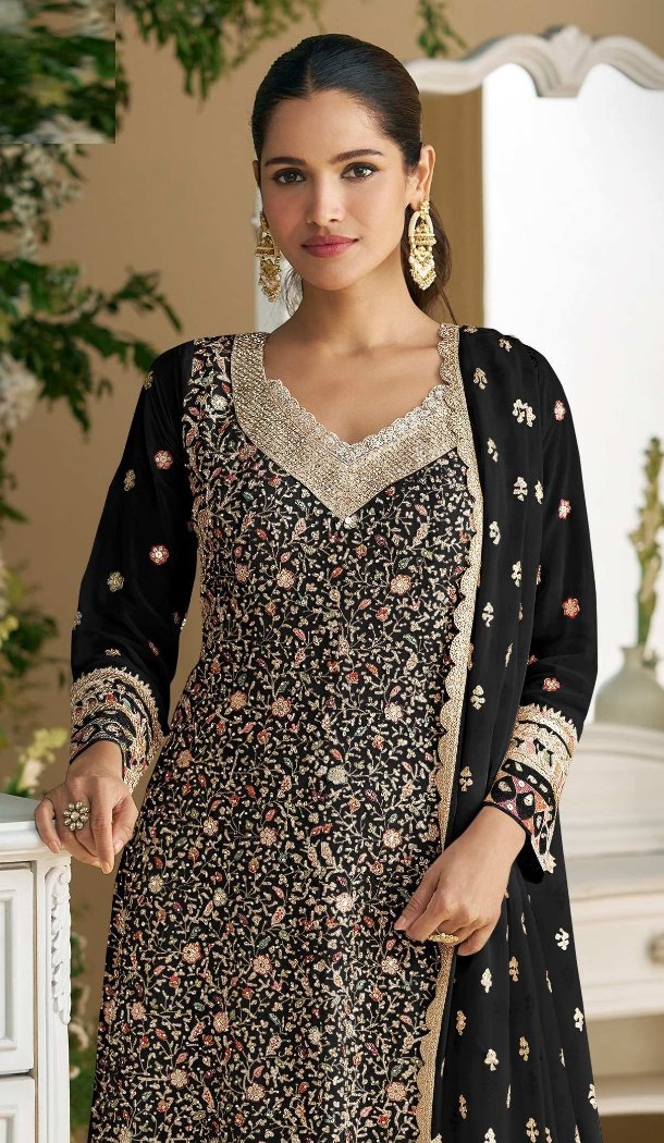 Women Faux Georgette Party Wear Salwar Suit Black Embroidery Work - 12601208476