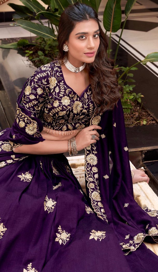 Women Purple Embroidery Work Party Lehenga Choli Vichitra Silk - 12657208737