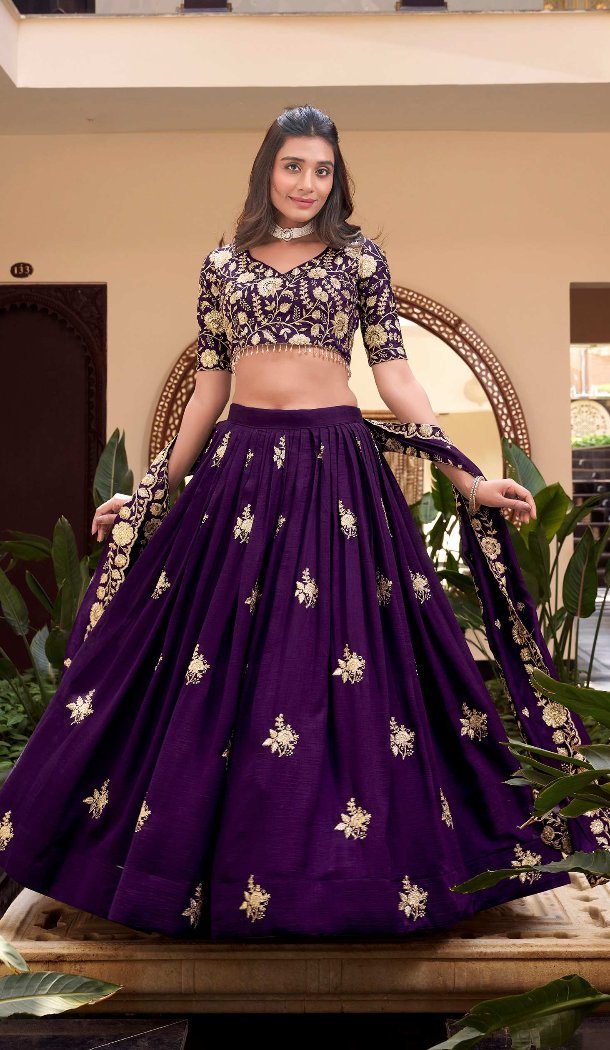 Women Purple Embroidery Work Party Lehenga Choli Vichitra Silk - 12657208737