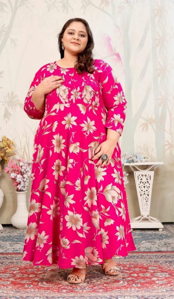 Women Heavy Digital Printed Gown Rani Pink Premium Rayon - 12664208765