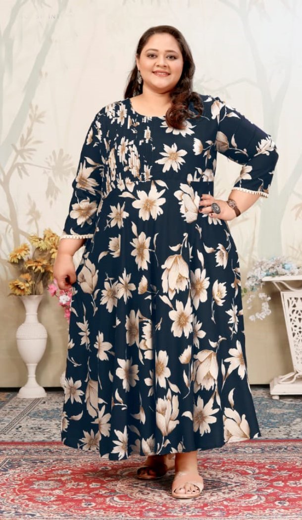 Women Dark Navy Blue Premium Rayon Gown Heavy Digital Printed - 12664208766