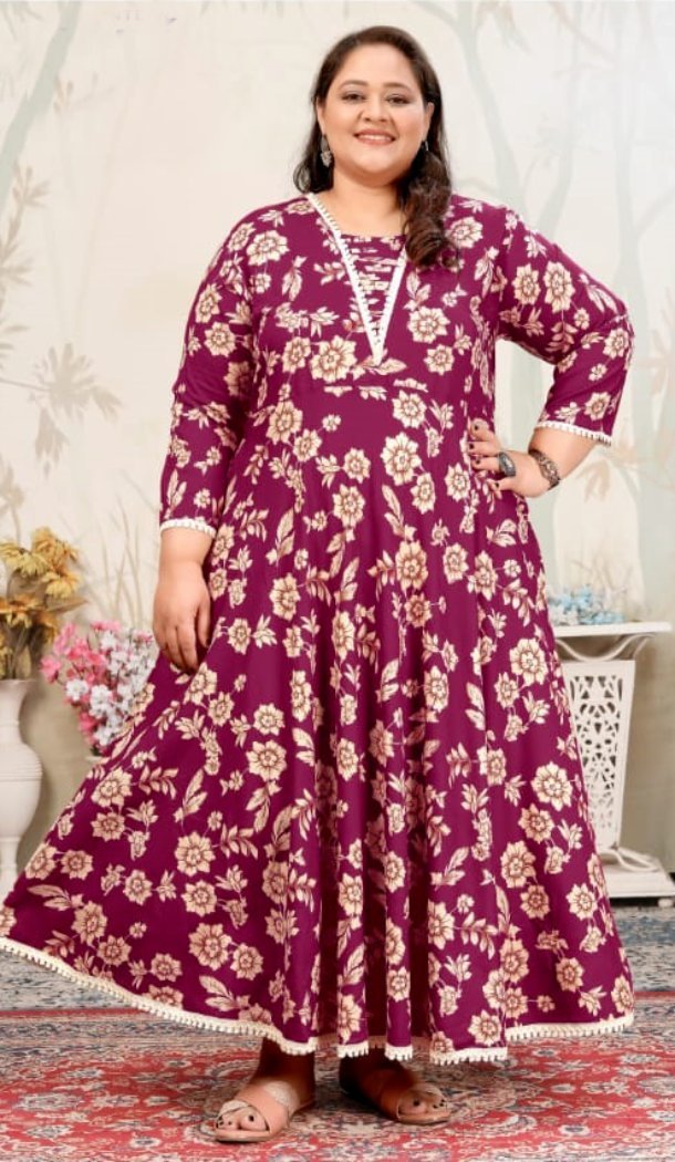 Women Wine Heavy Digital Printed Premium Rayon Gown - 12664208767