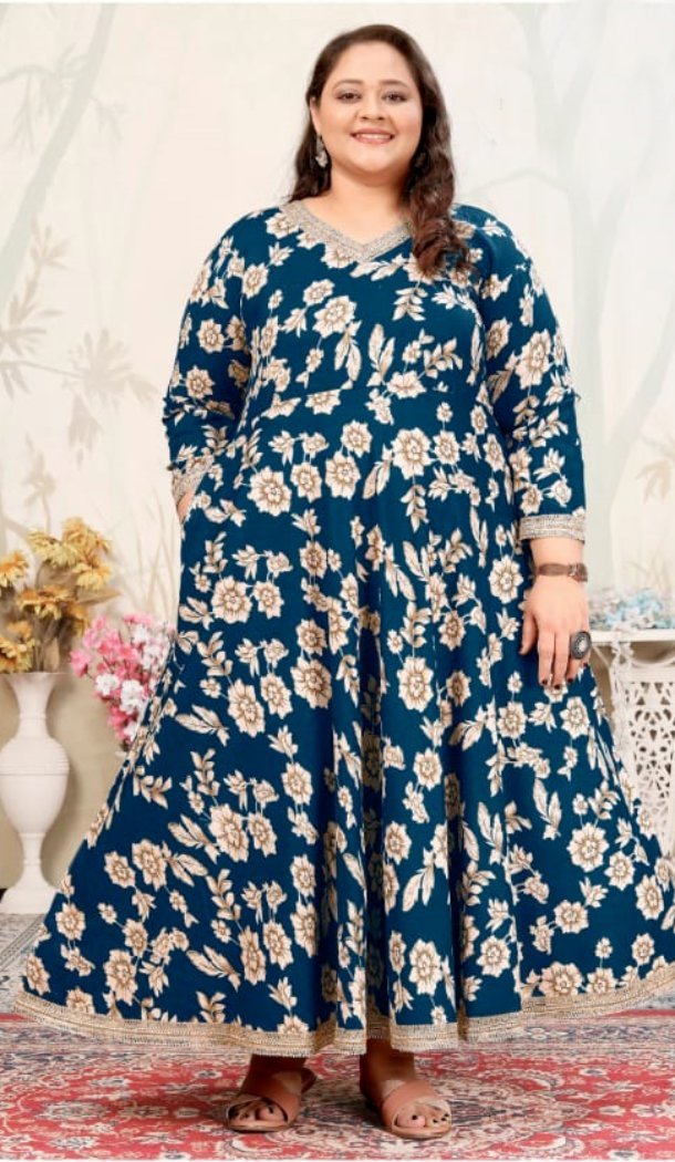 Women Heavy Digital Printed Premium Rayon Teal Blue Gown - 12664208768