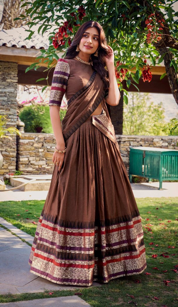 Women Brown Party Lehenga Choli Plain With Zari Weaving Work Pure Chanderi - 12690208868