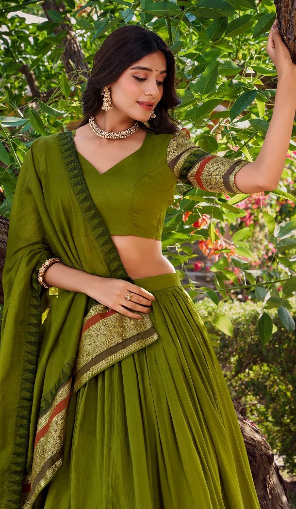 Women Pure Chanderi Mehendi Green Party Lehenga Choli Plain With Zari Weaving Work - 12690208869