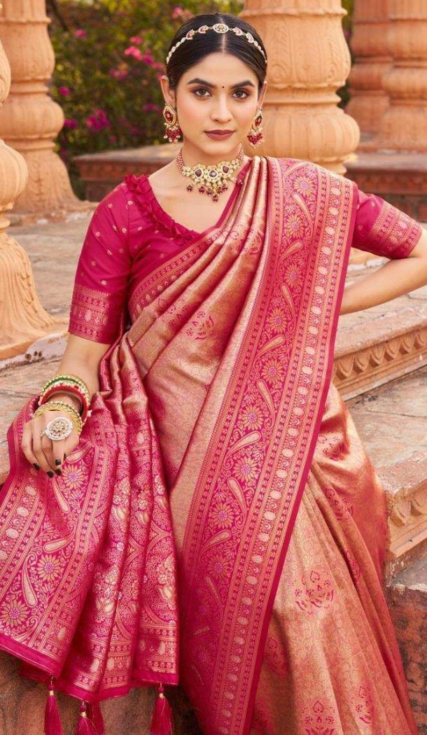 Women Soft Banarasi Silk Traditional Wear Saree Dark Pink Jacquard Work - 12628208590