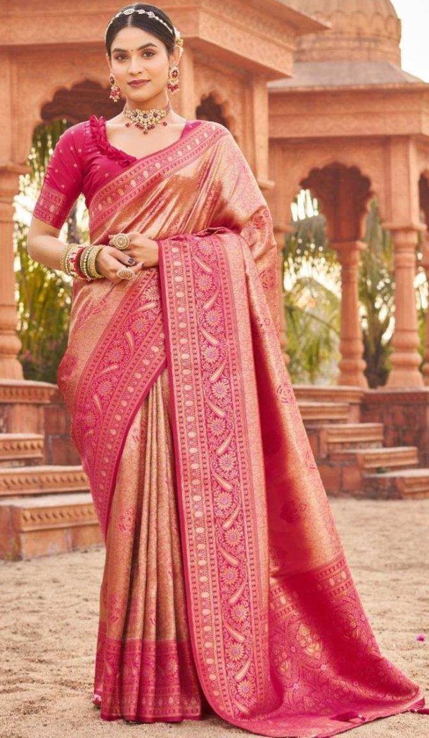 Women Soft Banarasi Silk Traditional Wear Saree Dark Pink Jacquard Work - 12628208590