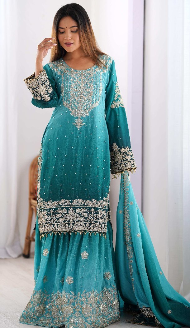 Women Dori With Sequence Chinon Silk Multi Palazzo Suit -  12631208610