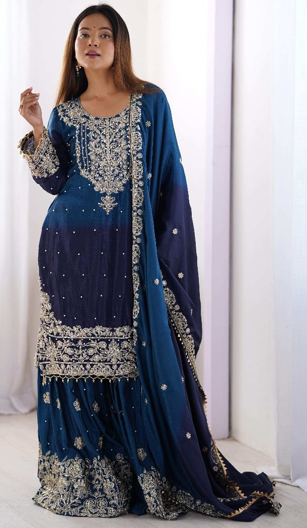 Women Palazzo Suit Multi Dori With Sequence Chinon Silk -  12631208612