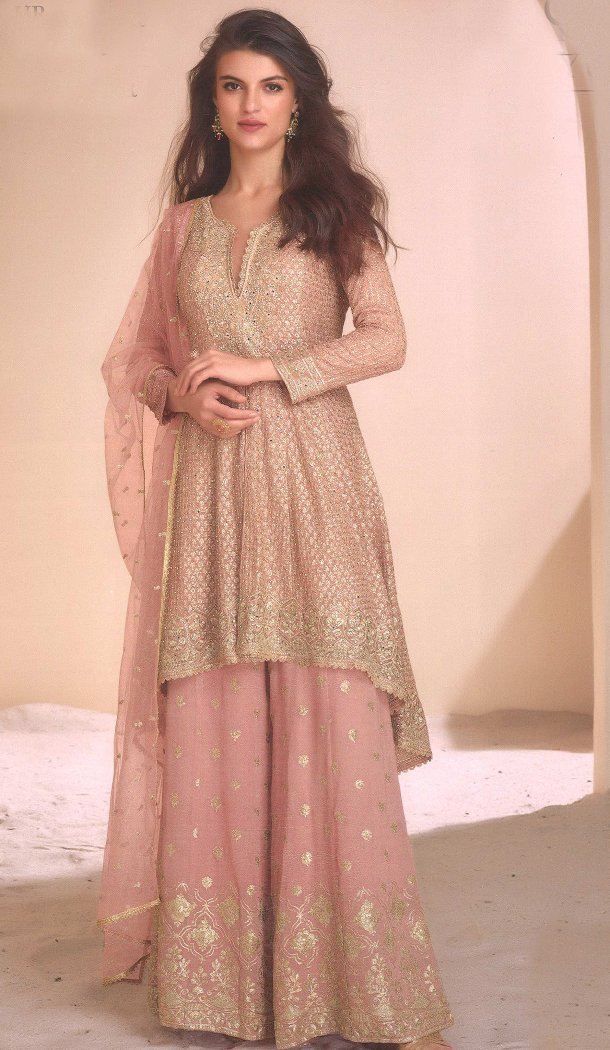 Women Sharara Suit Heavy Fox Georgette Embroidery Work Pink - 12641208659