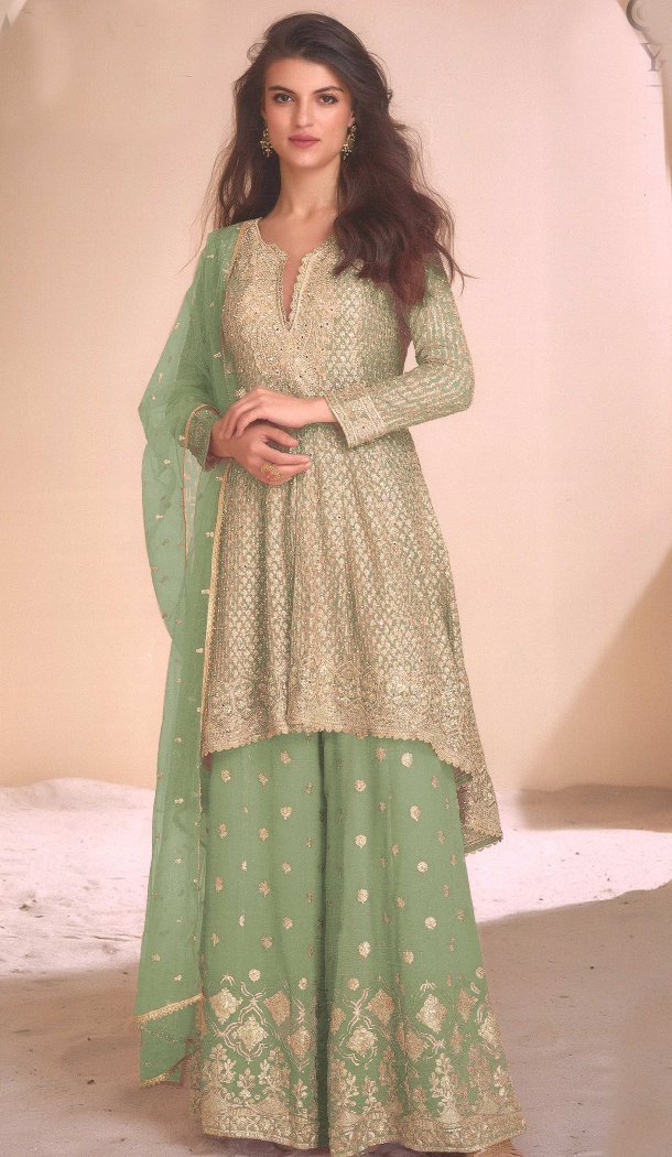 Women Sharara Suit Embroidery Work Heavy Fox Georgette Pista - 12641208660