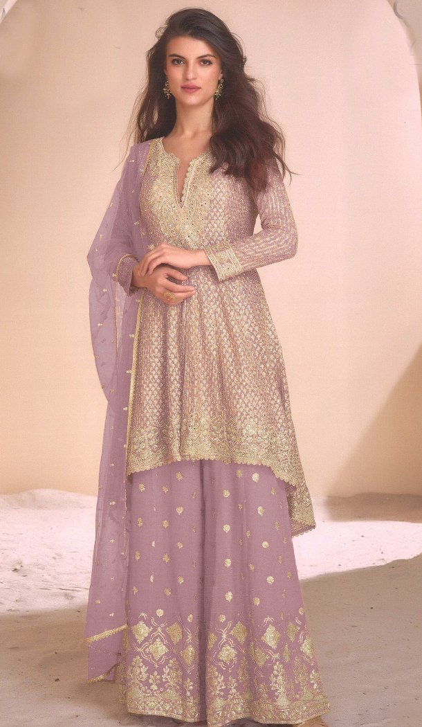 Women Sharara Suit Embroidery Work Lavender Heavy Fox Georgette - 12641208661
