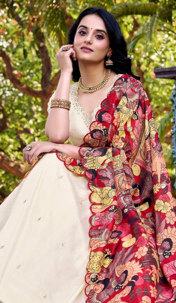 Women Party Lehenga Choli Embroidery Work Off White Vichitra Silk - 12732209093