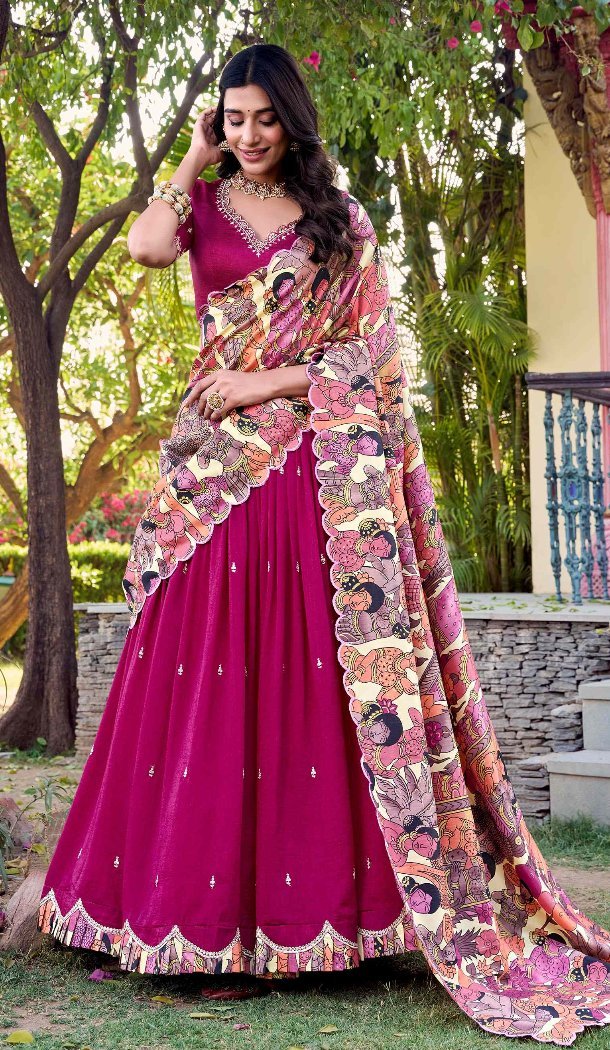Women Embroidery Work Pink Party Lehenga Choli Vichitra Silk - 12732209094