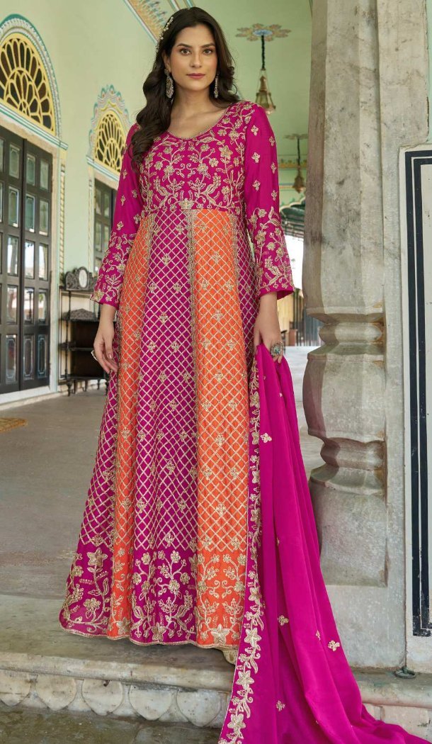 Women Chinon Heavy Embroidery & Stone Work Anarkali Suit Multi - 12746209140